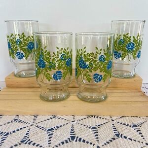 Vintage Pedestal Juice Glass Set 6 oz Clear Glass Blue Flowers Green Leaves